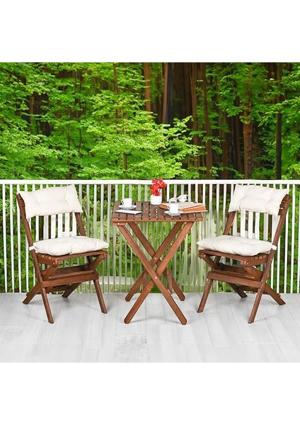 Ahşap Katlanır Minderli 3 Lü Bistro Set Mutfak Balkon Bahçe Masa Sandalye Seti (Ceviz-Krem)