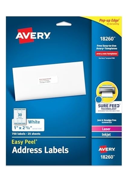 Soyulabilir Basılabilir Adres Etiketleri, Besleme, 1" x 2-5/8", Beyaz, 750 Boş Gönderi Etiketi (18260) modelleri