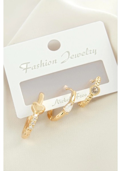 3 Adet Kalp Zirkon Taşlı Küpe