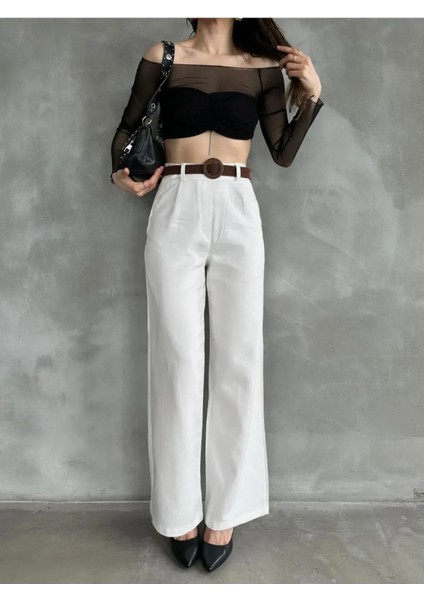 Beli Kemerli Pantolon - Beyaz