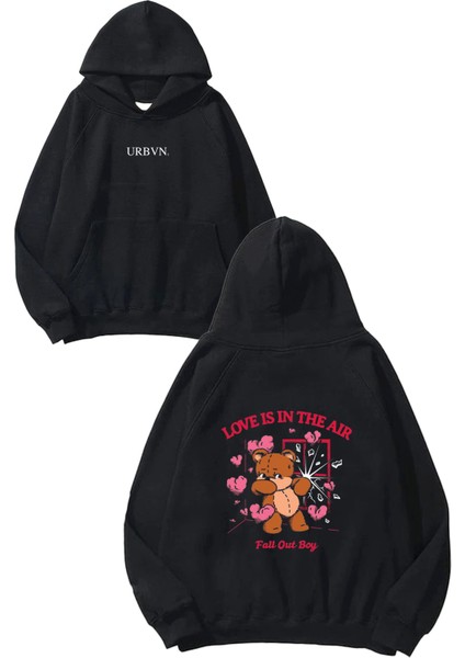 Love Is In The Air Tasarım Baskılı Oversize Siyah Kapüşonlu Sweatshirt