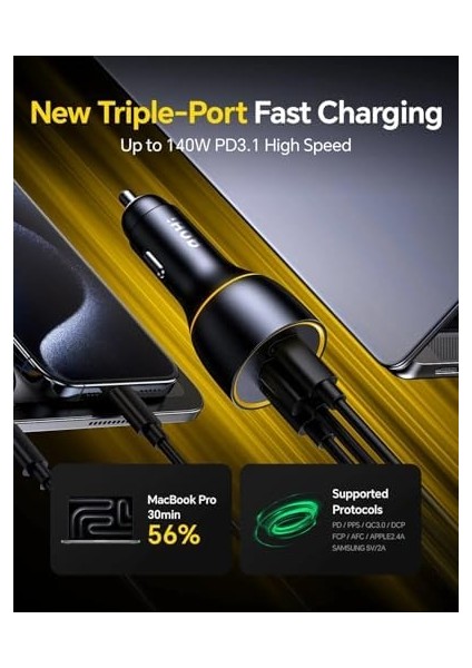 Superauto Araç Içi Şarjı, 3 Portlu Pd 170W Type-C To Type-C, Usb, Hızlı Şarj Çakmaklık Adaptörü, Siyah fiyatları