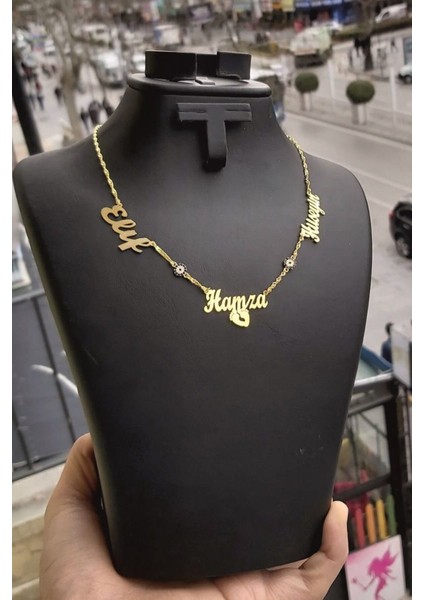 925 Ayar Gümüş 24 Ayar Altın Kaplama 3 Isimli 2 Nazar Boncuklu Kolye