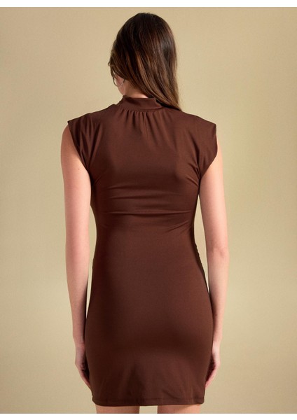 Yuvarlak Yaka Düz Kahve Mini Kadın Elbise PBF5WL-ELB0115