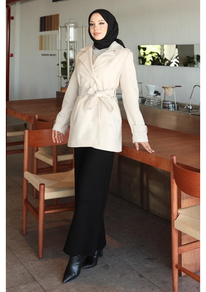 Düğme Detaylı Kaşe Kaban Bej 19274