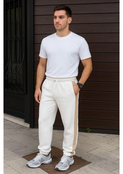 Erkek Üç Iplik Kışlık Pamuklu Yandan Garneli Kalın Bej Şeritli Cepli Eşofman Altı - Beyaz