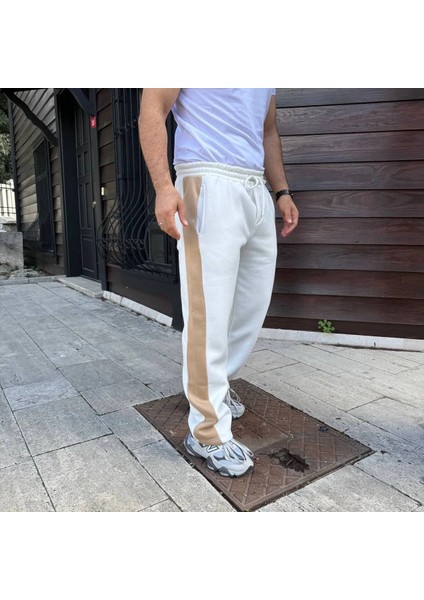 Erkek Üç Iplik Kışlık Pamuklu Yandan Garneli Kalın Bej Şeritli Cepli Eşofman Altı - Beyaz fiyatları