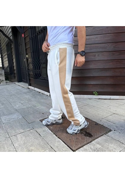 Erkek Üç Iplik Kışlık Pamuklu Yandan Garneli Kalın Bej Şeritli Cepli Eşofman Altı - Beyaz modelleri