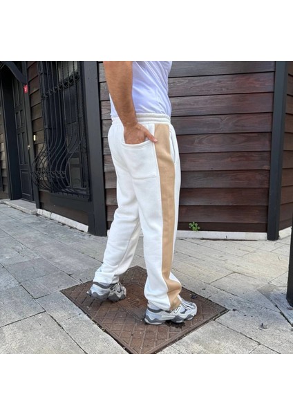 Erkek Üç Iplik Kışlık Pamuklu Yandan Garneli Kalın Bej Şeritli Cepli Eşofman Altı - Beyaz fırsatları