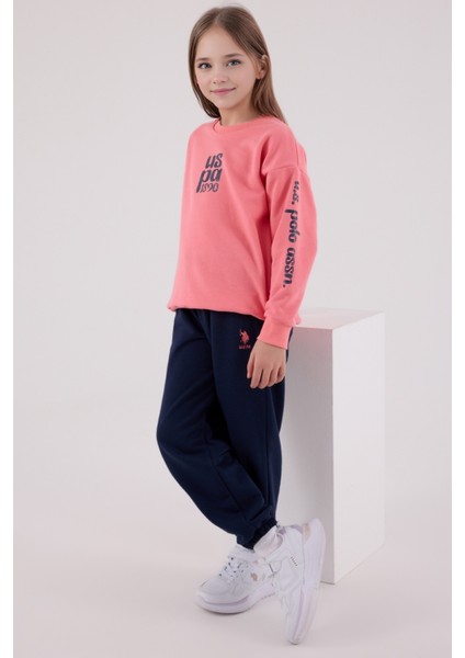 Kız Çocuk Neon Pembe Eşofman Takımı – Uspa 1890 Baskılı Pamuklu Günlük Spor Model