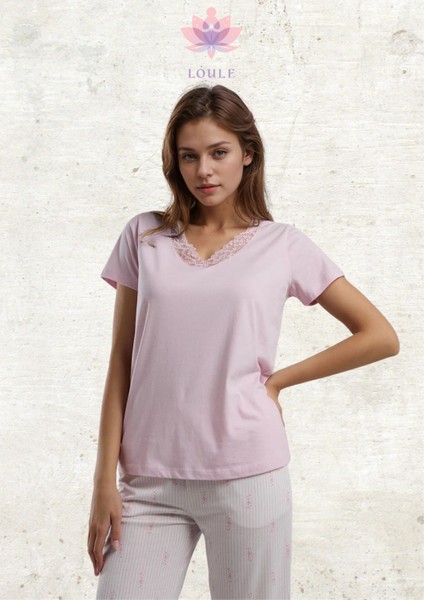 Kadın Giyim Kısa Kol V Yaka Dantel Detaylı Pembe Kapri Pijama Takımı L1.AR.325.3.001