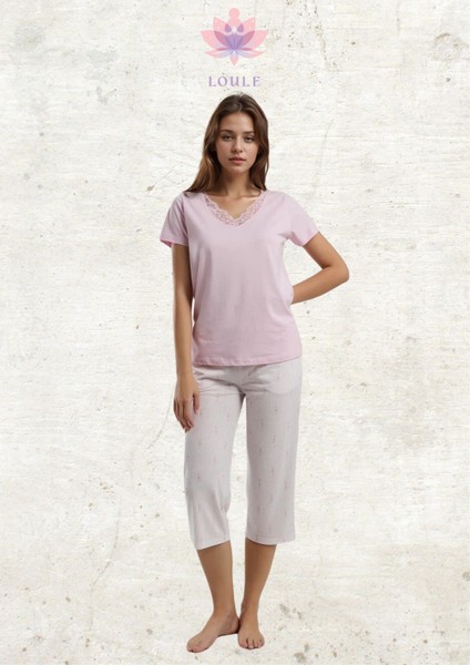 Kadın Giyim Kısa Kol V Yaka Dantel Detaylı Pembe Kapri Pijama Takımı L1.AR.325.3.001 modelleri