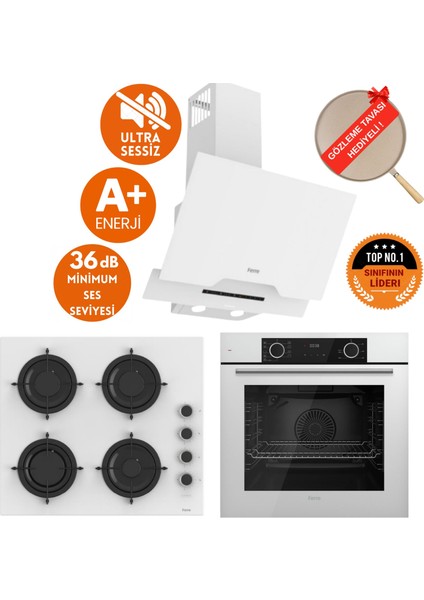 Fryart&flowart Dino Sessiz Davlumbaz Beyaz Cam Ankastre Set ( D064-SA + CS206-FA + XE63CB )