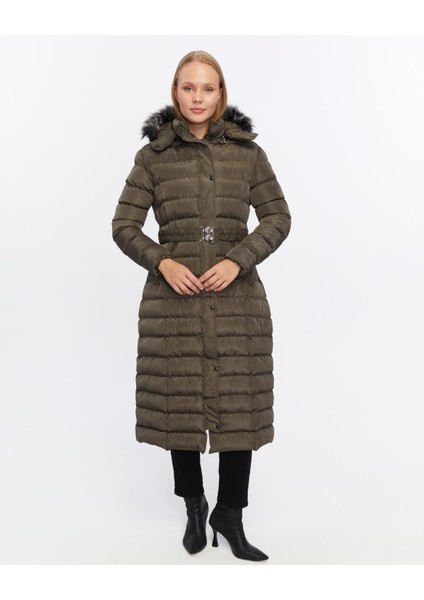 Kadın Yeni Sezon Memori Kumaş Kemerli Kapşonlu Su Geçirmez Şişme Mont