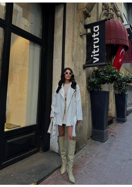 Kaşe Kaban Boyfriend Kalıp Etek Ucu Kemerli