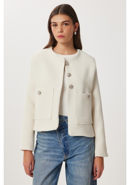 Vatkalı Düğmeli Tüvit Ceket LOH0016 Krem modelleri