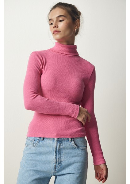 Balıkçı Yaka Fitilli Örme Bluz LHJ0007 Pembe modelleri