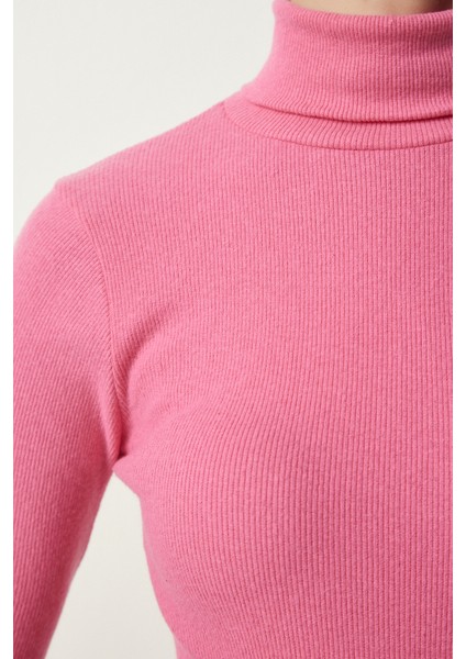 Balıkçı Yaka Fitilli Örme Bluz LHJ0007 Pembe fırsatları