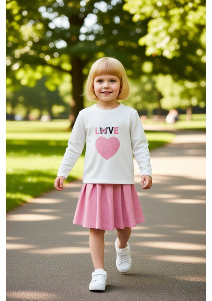 Kız Çocuk Örme Bisiklet Yaka Uzun Kollu Üst ve Pileli Etek Takımı Kaliteli Şık Rahat