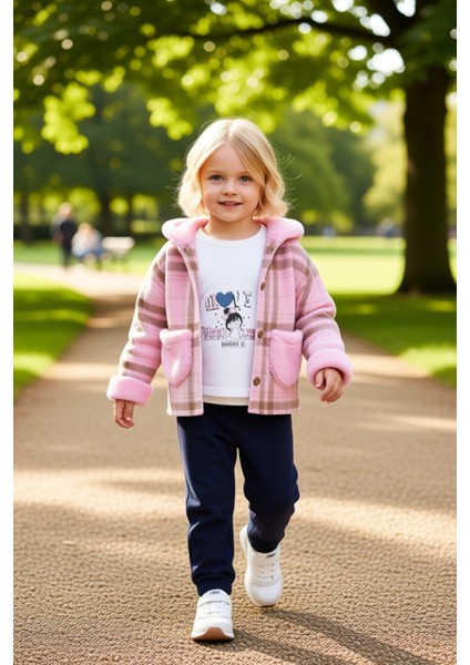 Kız Çocuk Üçlü Set Ekose Ceket Tişört ve Pantolon Kaliteli Şık Rahat Günlük