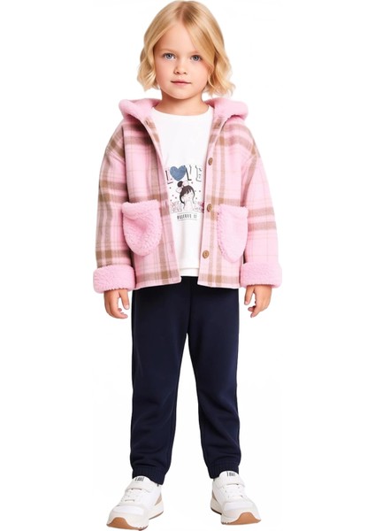 Kız Çocuk Üçlü Set Ekose Ceket Tişört ve Pantolon Kaliteli Şık Rahat Günlük fırsatları