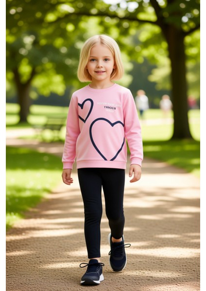 Kız Çocuk Kalp Desenli Pamuklu Bisiklet Yaka Uzun Kollu Üst ve Tayt Takımı Kaliteli Şık Rahat