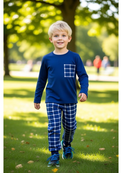Erkek Çocuk Pamuklu Örme Ekose Desenli Uzun Kollu Pijama Takımı Kaliteli Şık Rahat