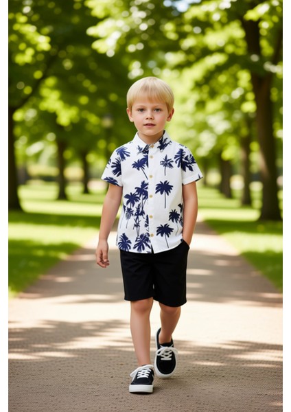 Erkek Çocuk Tropikal Baskılı Kısa Kollu Gömlek ve Şort Takımı Kaliteli Şık Rahat