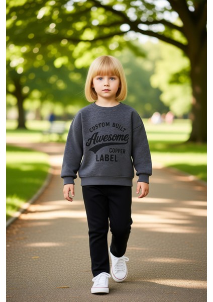 Kız Çocuk Slogan Baskılı Bisiklet Yaka Polar Sweatshirt ve Tayt Takımı Kaliteli Şık Rahat