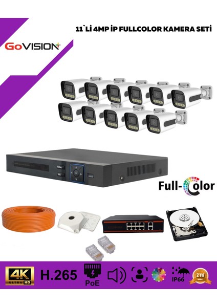 Go Vision 11'li Güvenlik Ip Kamera Seti - 4mp Dış Mekan Kamera, 3.6mm Lens, H.265, Poe, Warm LED Gece Görüşlü