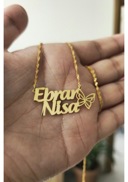 925 Ayar Gümüş 24 Ayar Altın Kaplama 2 Isimli Kelebek Figürlü Kolye