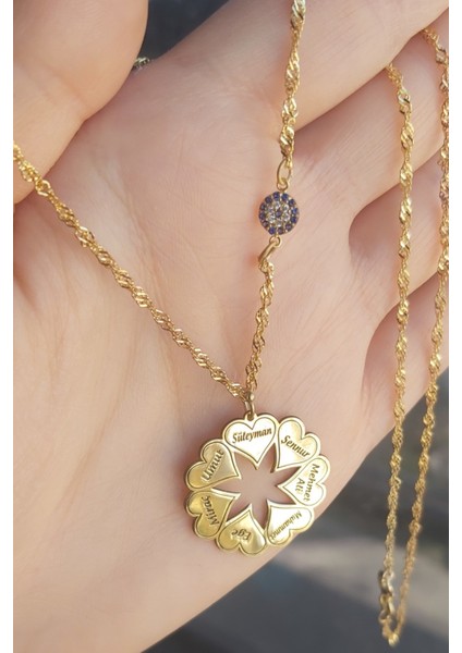 925 Ayar Gümüş 24 Ayar Altın Kaplama Nazar Boncuklu 7 Kalpli Kolye