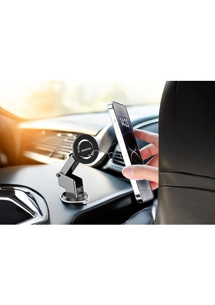Magsafe ile Uyumlu Içeriğindeki Metal Aparatlar Ile Tüm Cep Telefonlarına Uyum Sağlayan Mıknatısı Çok Kuvvetli Teleskopik Uzayan ve Şekil Alabilen Üst Segment Araç ve Masaüstü Telefon Tutucusu