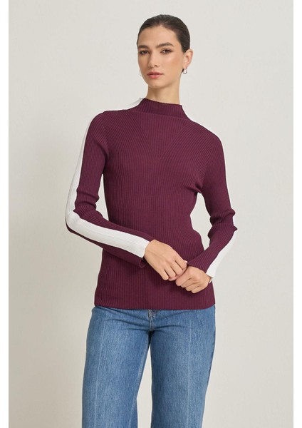 Bordo Uzun Kollu Şerit Detaylı Triko