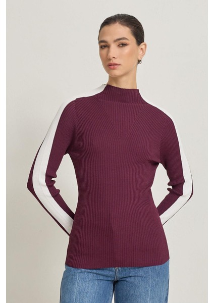 Bordo Uzun Kollu Şerit Detaylı Triko fiyatları