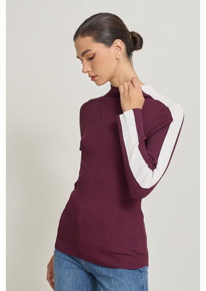 Bordo Uzun Kollu Şerit Detaylı Triko modelleri