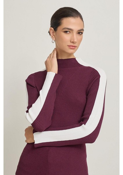 Bordo Uzun Kollu Şerit Detaylı Triko fırsatları