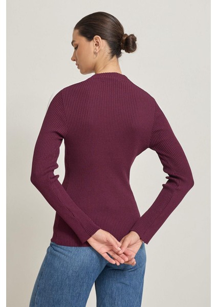 Bordo Uzun Kollu Şerit Detaylı Triko indirimleri