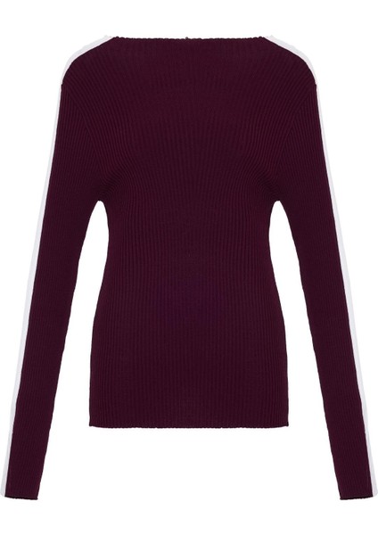 Bordo Uzun Kollu Şerit Detaylı Triko