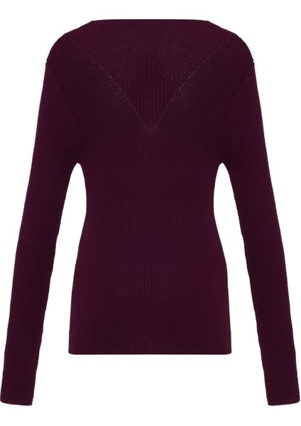 Bordo Uzun Kollu Şerit Detaylı Triko