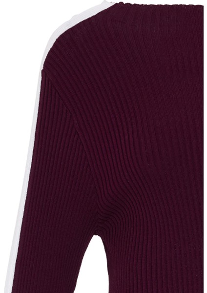 Bordo Uzun Kollu Şerit Detaylı Triko