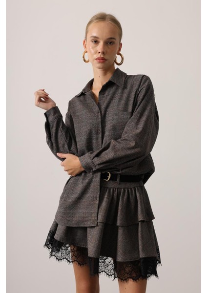 Kemerli Fırfırlı Mini Etek ve Oversize Gömlek Takım Dantel Detaylı Kışlık Şık fiyatları