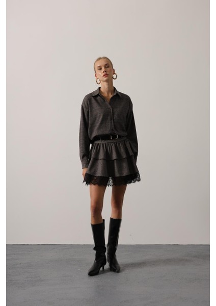 Kemerli Fırfırlı Mini Etek ve Oversize Gömlek Takım Dantel Detaylı Kışlık Şık fırsatları