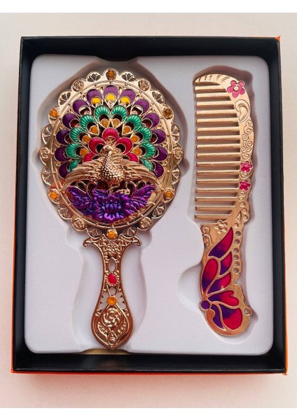 Ayna Tarak Seti, Kutulu-Metal-Hediyelik Takım, 13CM Aynalı Saç Fırçası, Tavuskuşu Figürlü