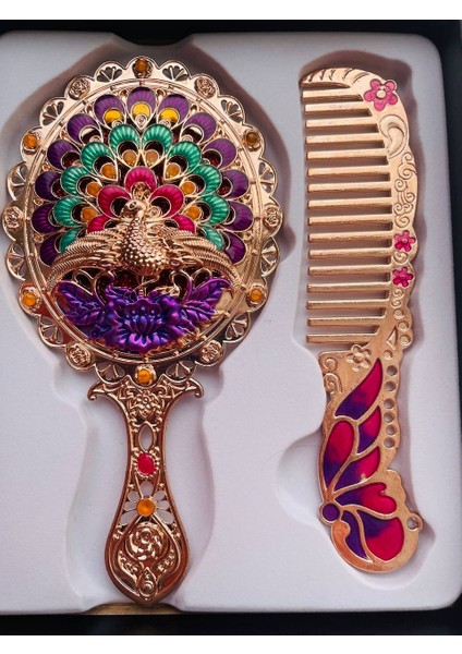 Ayna Tarak Seti, Kutulu-Metal-Hediyelik Takım, 13CM Aynalı Saç Fırçası, Tavuskuşu Figürlü fiyatları