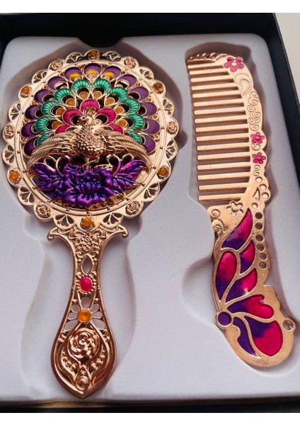 Ayna Tarak Seti, Kutulu-Metal-Hediyelik Takım, 13CM Aynalı Saç Fırçası, Tavuskuşu Figürlü modelleri