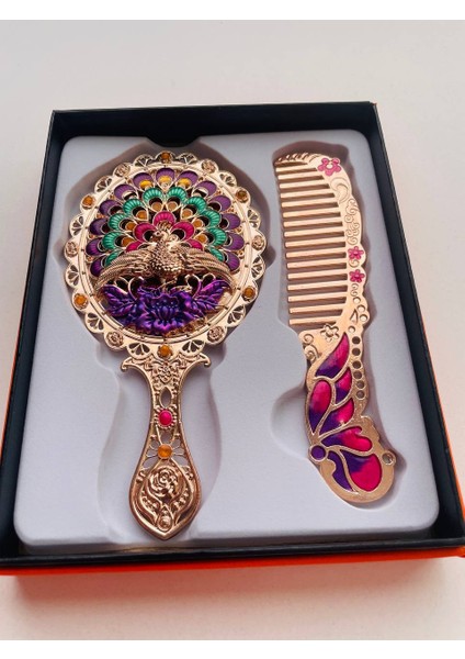 Ayna Tarak Seti, Kutulu-Metal-Hediyelik Takım, 13CM Aynalı Saç Fırçası, Tavuskuşu Figürlü fırsatları