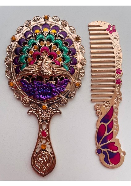 Ayna Tarak Seti, Kutulu-Metal-Hediyelik Takım, 13CM Aynalı Saç Fırçası, Tavuskuşu Figürlü indirimleri