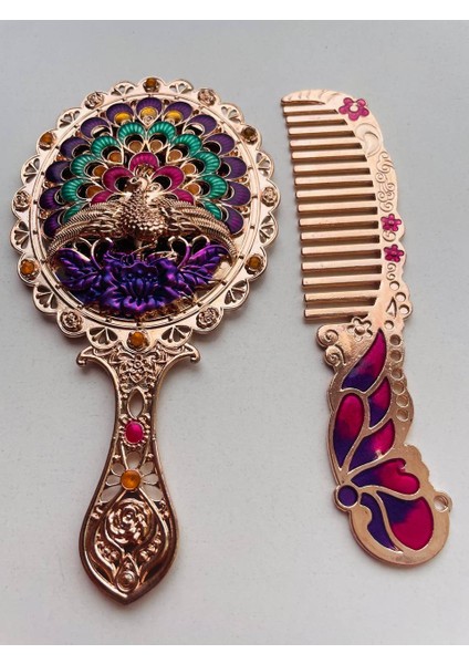 Ayna Tarak Seti, Kutulu-Metal-Hediyelik Takım, 13CM Aynalı Saç Fırçası, Tavuskuşu Figürlü