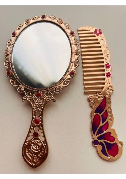 Ayna Tarak Seti, Kutulu-Metal-Hediyelik Takım, 13CM Aynalı Saç Fırçası, Tavuskuşu Figürlü